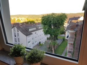 una ventana con dos macetas en un alféizar en Apartment Wetter, en Wetter