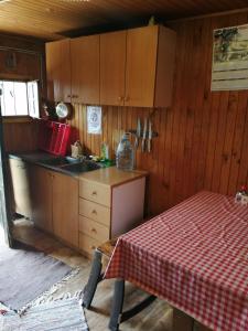 a kitchen with wooden cabinets and a table with a red checked table cloth at Robinzonski smještaj Tepeš in Tuheljske Toplice