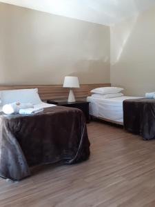 um quarto com duas camas e uma mesa com um candeeiro em Verona Parque Hotel em Veranópolis