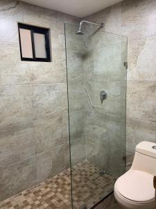 y baño con ducha de cristal y aseo. en Hotel Adriana en Hidalgo del Parral