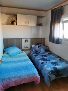 1 dormitorio con 2 camas y ventana en Cathares Holidays, en Carcassonne