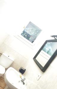 La salle de bains est pourvue de toilettes blanches et d'un miroir. dans l'établissement Casa de la Luz, à Navas de Oro