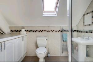 a bathroom with a toilet and a sink at Carnegie Library: Shakespeare Apartment 3 Bedroom in Mexborough