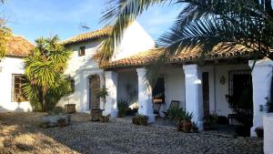 a white house with palm trees in front of it at Beautiful Cortijo with pool near Ronda in Ronda
