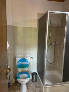 a bathroom with a shower and a toilet with a blue seat at Hotelzimmer im alten Reihenhaus auf der Stadtmauer in Bacharach