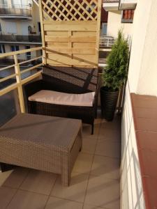a balcony with two chairs and a bench and a plant at Apartament Klonowa in Kołobrzeg
