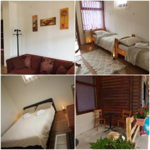 three pictures of a room with a couch and a bed at Apartman Milica in Kremna