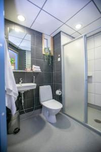 a bathroom with a toilet and a sink and a shower at Hotel Uusikuu in Mikkeli