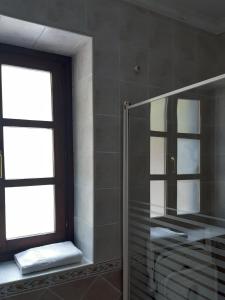 a bathroom with a shower with a window and a glass door at Hotel Puente Vidosa in Amieva