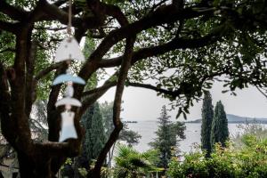 una luce appesa ad un albero con vista sull'acqua di Hotel Bellevue a Gardone Riviera