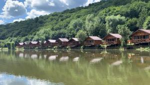 une rangée de maisons sur le côté d'une rivière dans l'établissement Готельний комплекс БУДИНОК РИБАКА, à Sataniv