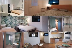 a collage of photos of a hotel room at Gîtes de l'isle Château-Thierry - WiFi Fibre - Netflix, Disney, Amazon - Séjours Pro in Château-Thierry