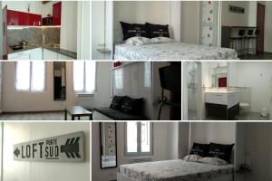 a collage of photos of a room with a bed at Gîtes de l'isle Château-Thierry - WiFi Fibre - Netflix, Disney, Amazon - Séjours Pro in Château-Thierry