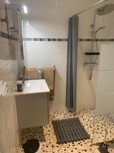a bathroom with a sink and a shower at Les chambres de l'Archange in Frontenac