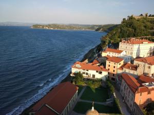 an aerial view of a town by the water at Apartments E & E Piran in Piran