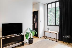 een woonkamer met een flatscreen-tv en een plant bij Hotel Itto Condesa in Mexico-Stad