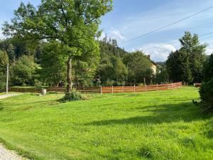 een veld van groen gras met een hek en een boom bij Agroturystyka u Beaty Dom I in Korbielów