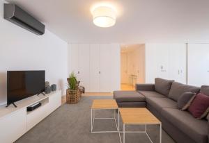 uma sala de estar com um sofá e uma televisão em Green Island Beach Villa, Apartment em Ponta Delgada