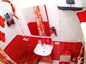 マグニトゴルスクにあるRed Room Luxeの赤いバスルーム(シンク、シャワー付)