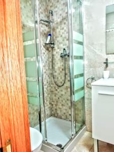 y baño con ducha, aseo y lavamanos. en Apartamento Campillín, en Oviedo