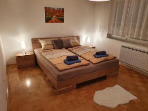 ein Schlafzimmer mit einem großen Bett mit zwei Kissen darauf in der Unterkunft Apartma Kreda in Mojstrana