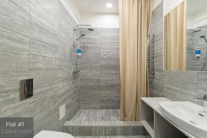 a bathroom with a shower and a toilet and a sink at Dandelion Apartments Brīvības in Riga