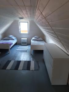 een kleine kamer met 2 bedden en een raam bij Noclegi Siemianówka in Siemianówka
