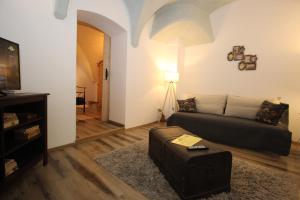 a living room with a couch and a television at Gothic Apartment in Braşov