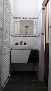 a bathroom with a white sink and a mirror at Les Pierres Bleues in Bar-sur-Aube