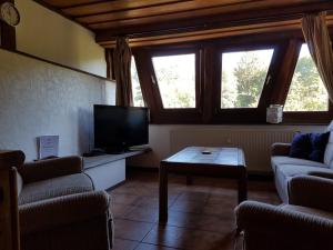 a living room with a tv and a coffee table at Das Alte Kneipchen in Oberhambach
