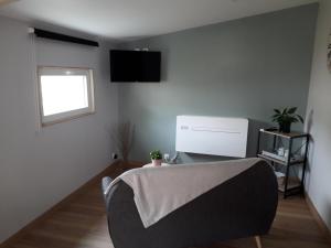 - un salon avec un canapé et la climatisation dans l'établissement charmant studio 35m² au calme proche du circuit, à Saint-Gervais en-Belin