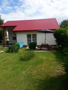 a house with a red roof with a picnic table and an umbrella at Pod Klonem in Lądek-Zdrój