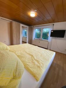 a bedroom with a large bed and a flat screen tv at Pension Miranda in Kelheim