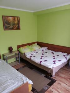 two beds in a room with green walls at Pod Klonem in Lądek-Zdrój