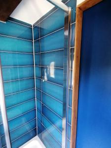 a bathroom with blue walls and a shower at La Tour du Bois Dormant in Plozévet