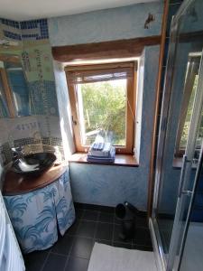 a small bathroom with a sink and a window at La Tour du Bois Dormant in Plozévet