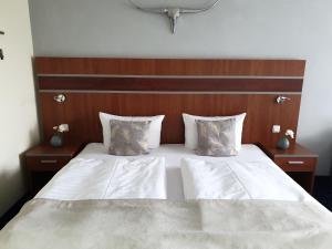 1 dormitorio con 1 cama blanca y 2 almohadas en Apartment am Kranichsee Vier Jahreszeiten, en Hahnenklee-Bockswiese