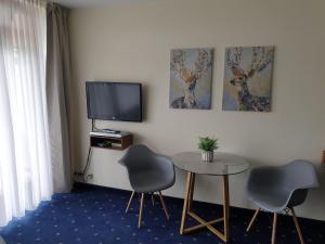 een kamer met een tafel en twee stoelen en een televisie bij Apartment am Kranichsee Vier Jahreszeiten in Hahnenklee-Bockswiese