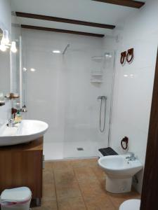 y baño con lavabo, aseo y ducha. en Apartamentos LLave de Santillana, en Santillana del Mar