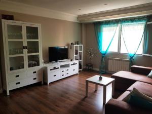 ein Wohnzimmer mit einem Sofa und einem TV in der Unterkunft Amplio Apto con patio privado in Aranjuez