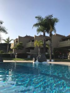 eine Person, die in einem Swimmingpool in einer Villa schwimmt in der Unterkunft Residenz TraumBlick in Puerto de la Cruz