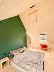 a bedroom with a green wall and a bed at Pieniny LOVE in Szczawnica