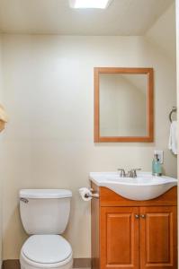a bathroom with a white toilet and a sink at Cedar Wood Escape in Cedar City