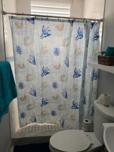 a bathroom with a toilet and a blue and white shower curtain at Cozy Beach Apartment in Luquillo