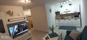 ein Wohnzimmer mit einem TV und einer Küche in der Unterkunft Magdalenka in Legnica