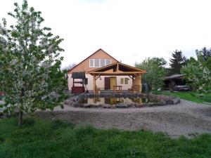 a cabin with a pond in front of a house at Садиба зеленого туризму «Золота рибка» in Medvedevka