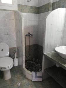 ein Bad mit einer Dusche, einem WC und einem Waschbecken in der Unterkunft Madilides in Platis Gialos Sifnos