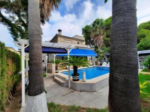 ein Haus mit einem Pool und Palmen in der Unterkunft Villa Matias Pool and beach in Playa de Palma