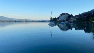 a boat is docked in a large body of water at Hotel Restaurant Bellevue au Lac in Thun
