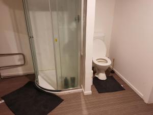 a bathroom with a toilet and a glass shower at Central Holiday Home in Tauranga
